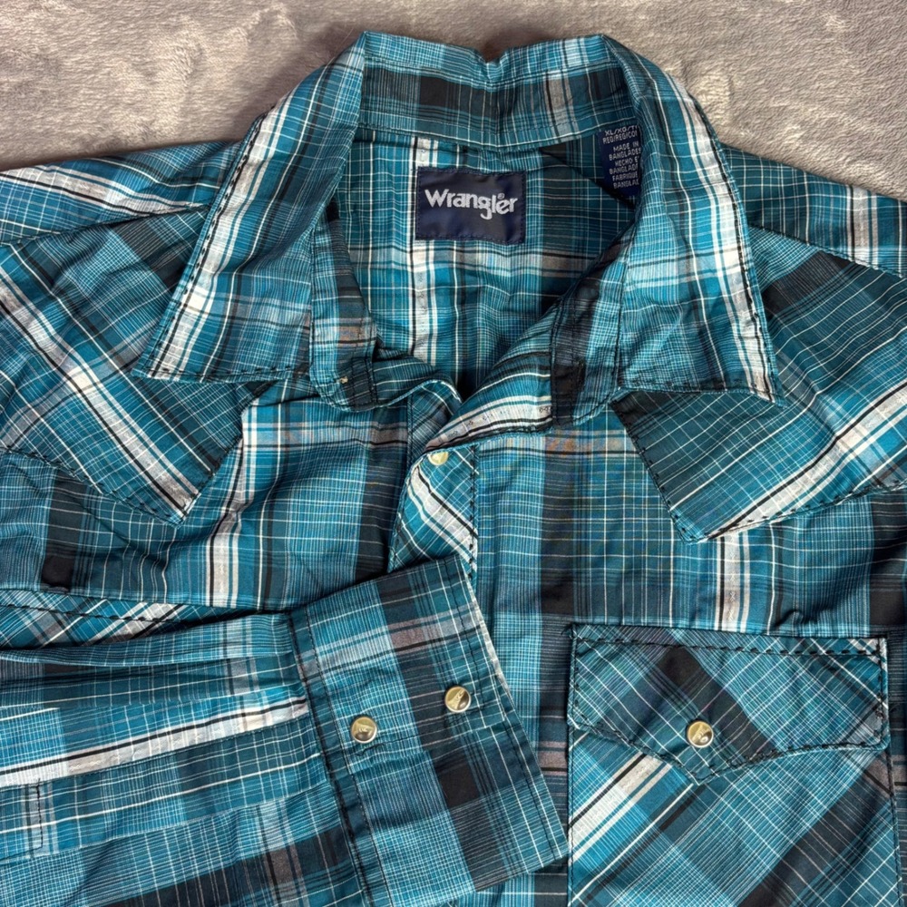 Wrangler Western Shirt Mens XL Teal Black Plaid Pearl Snap Long Sleeve 112337991